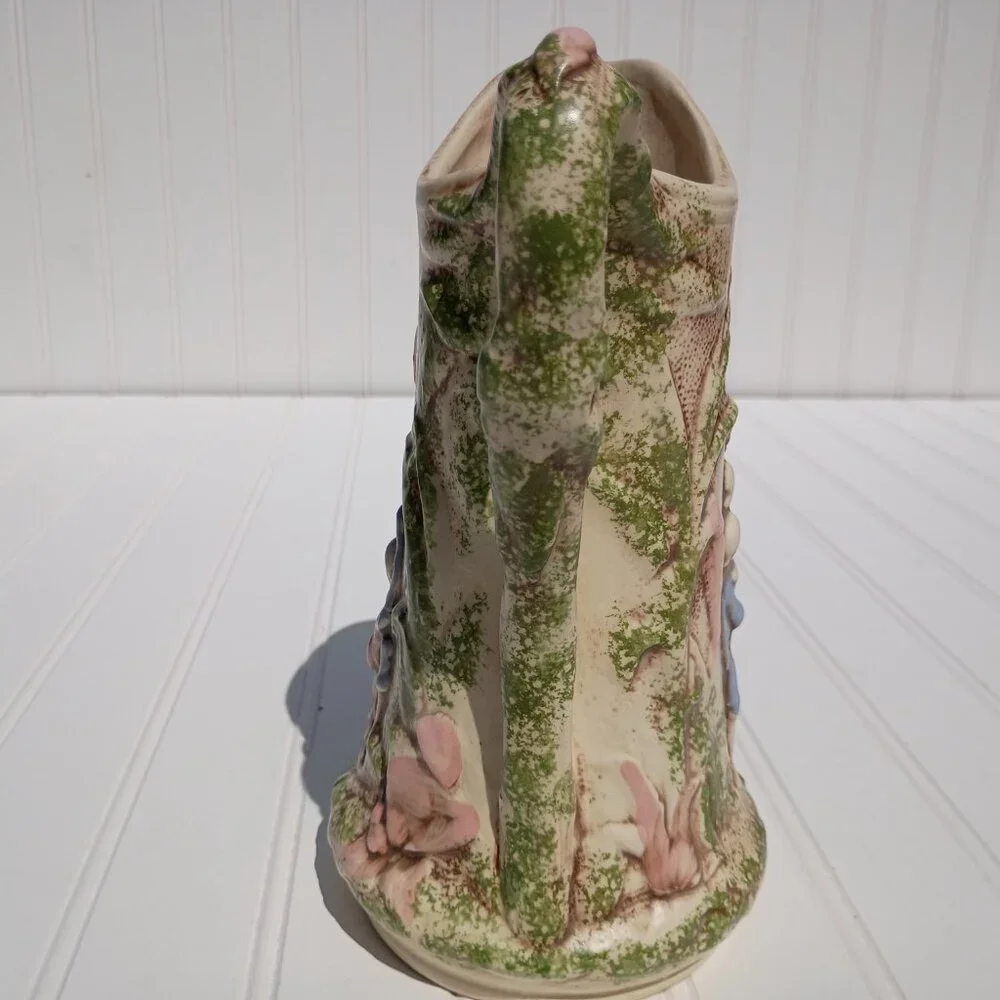 Vintage Handmade Pitcher Floral Relief Green Pink Majolica Style Victorian Vase